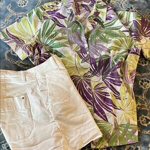 Alia Green and Purple Leaf Print Shirt with cream Shorts